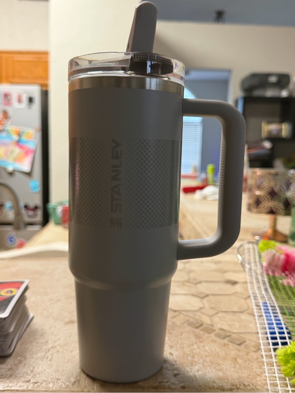 Stanley Gray Insulated Travel Mug with Handle and Clear Lid
